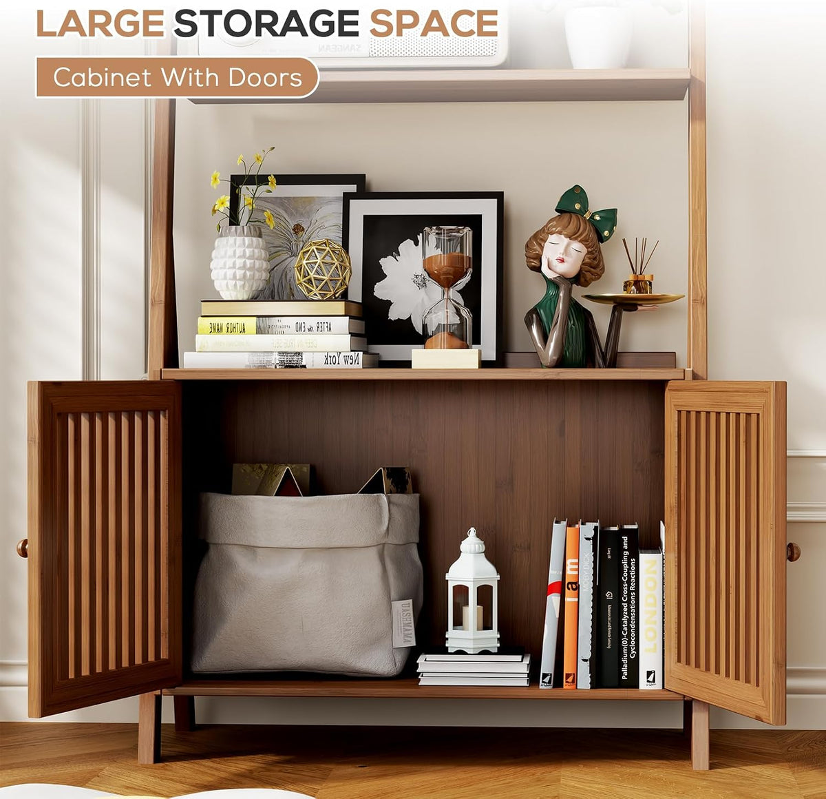 Bookcase with Drawers, Ladder Shelf 4-Tier Bamboo Bookshelf with 6 Hooks