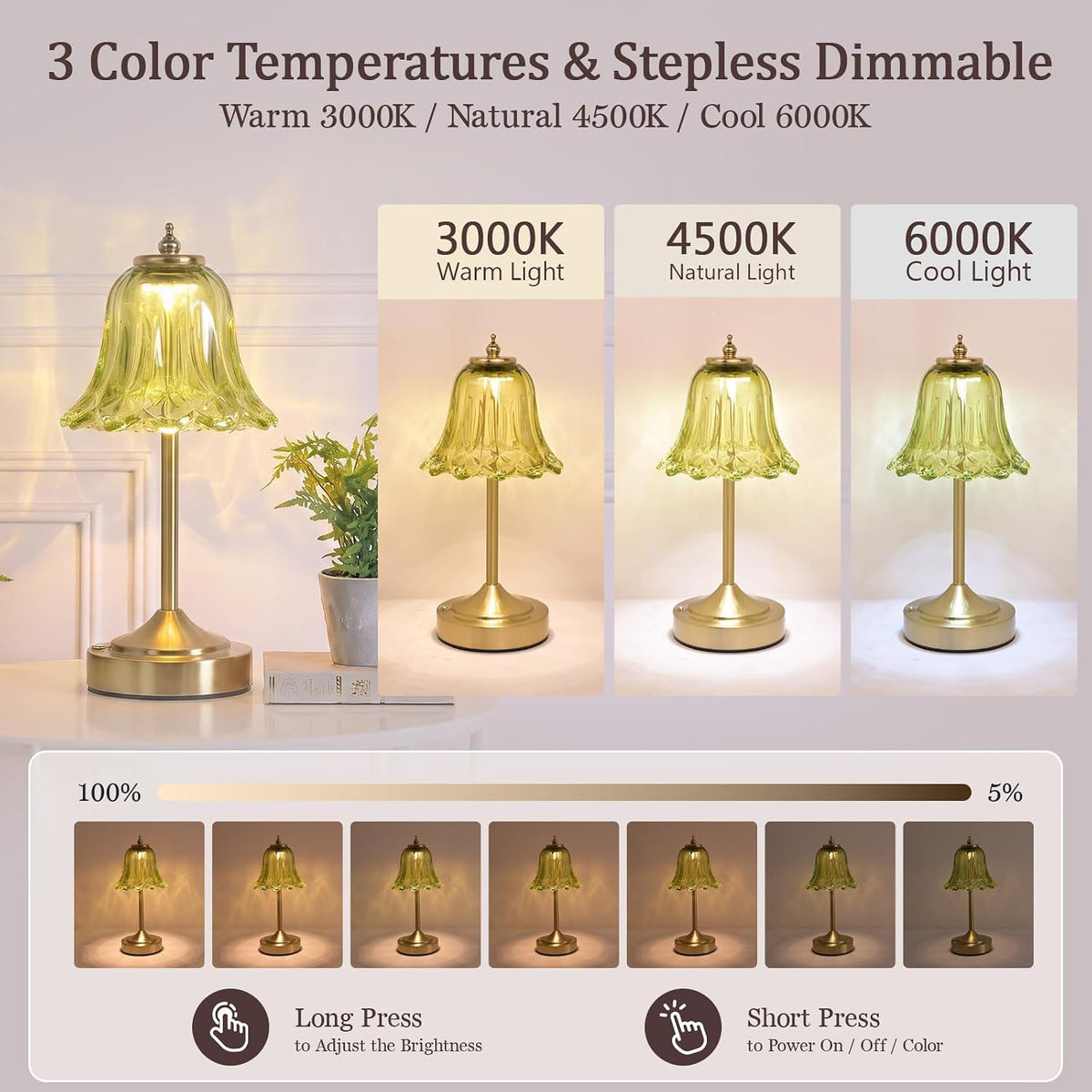Cordless Table Lamp, Rechargeable Green Glass Tulip Flower Touch Lamp
