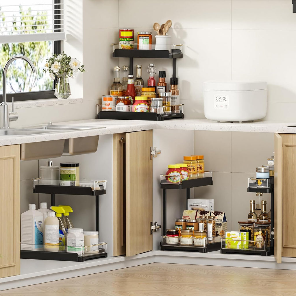 heart & home 1-Pack Under Sink Storage Organizer for Kitchen & Bathroom Cabinets with Removable Washable Tray, Tool-Free Assembly – Multi-Purpose for Kitchen Countertop, Vanity, & Laundry Room，Black
