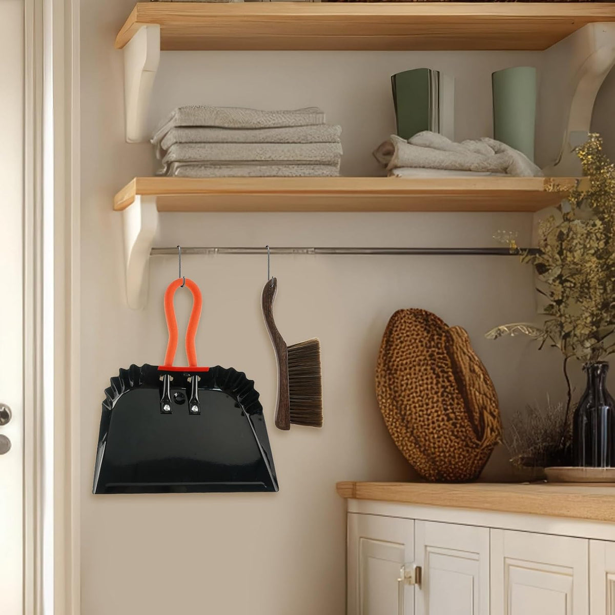12 Inch Metal Dustpan with Wood Brush, Steel Dust Pan Brush Set