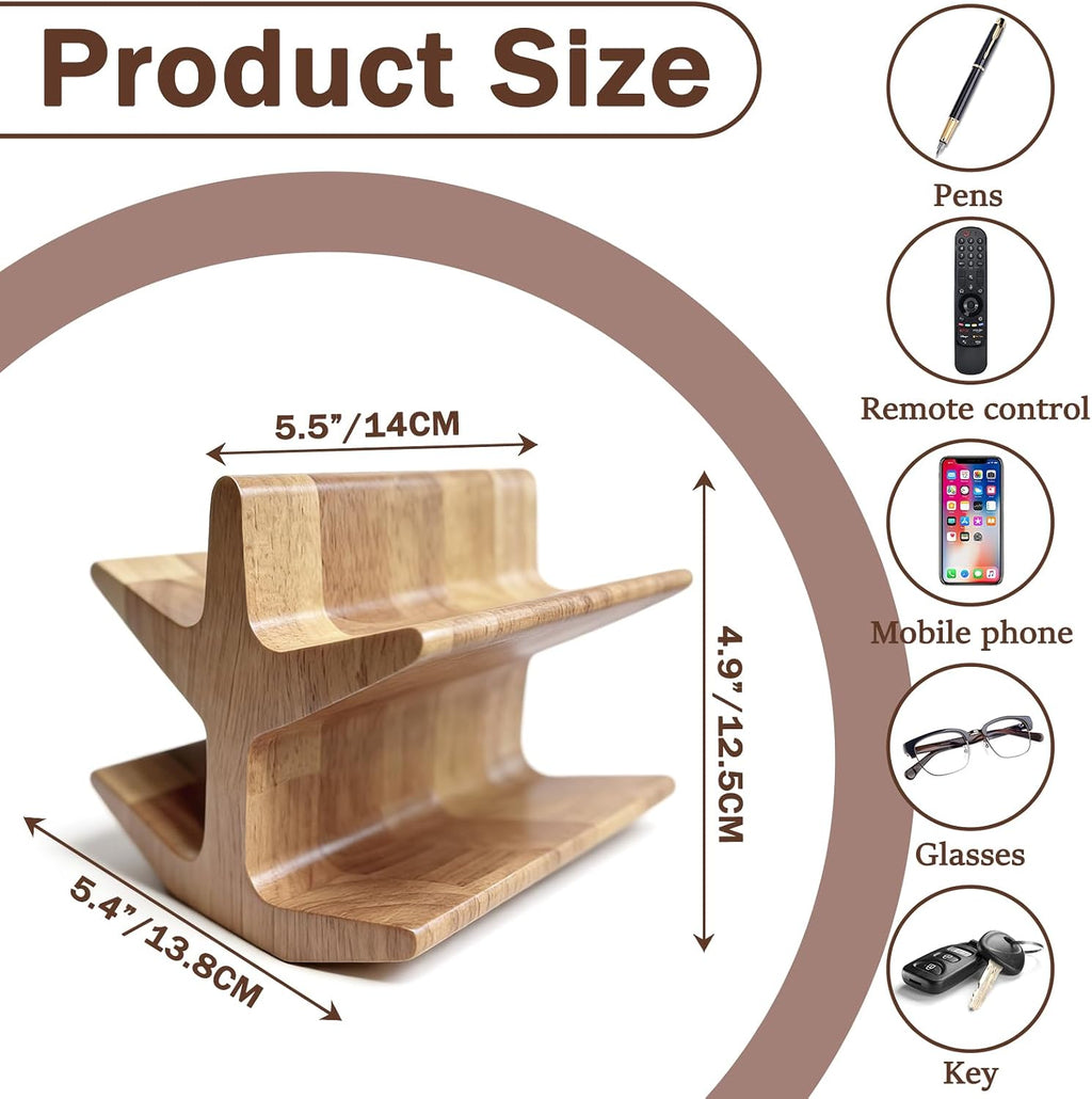 Wooden Remote Control Holder - TV Accessories & Glasses - Universal Living Room, Bedside Table or Office Desk Organizer in Natural Wood Finish (Wood grain brown)