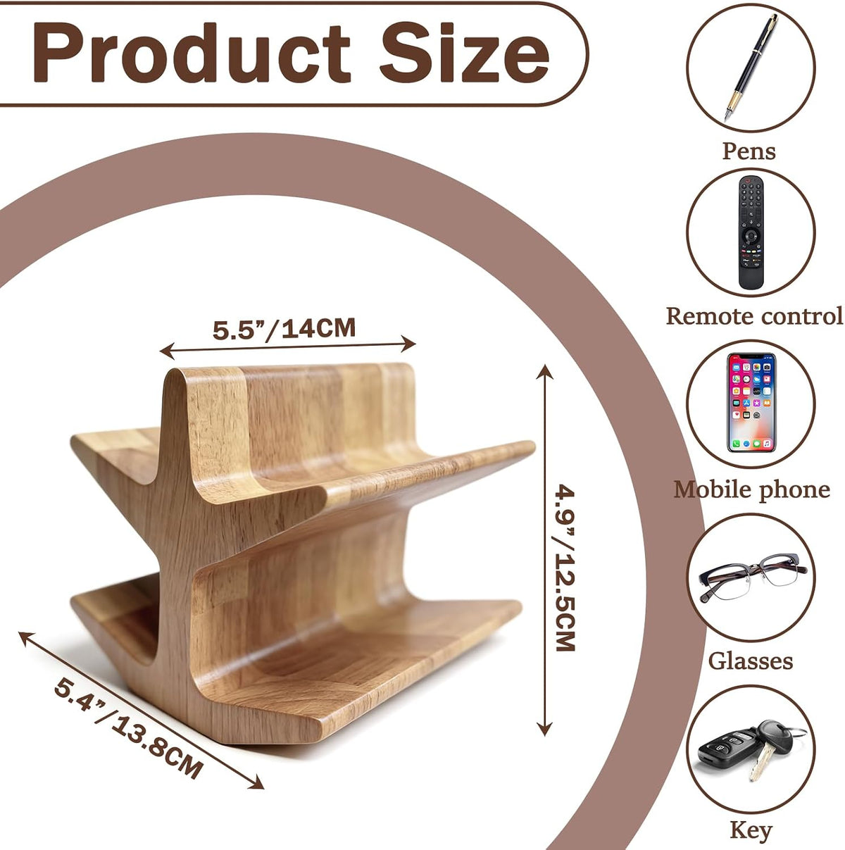 Wooden Remote Control Holder - TV Accessories & Glasses - Universal Living Room, Bedside Table or Office Desk Organizer in Natural Wood Finish (Wood grain brown)