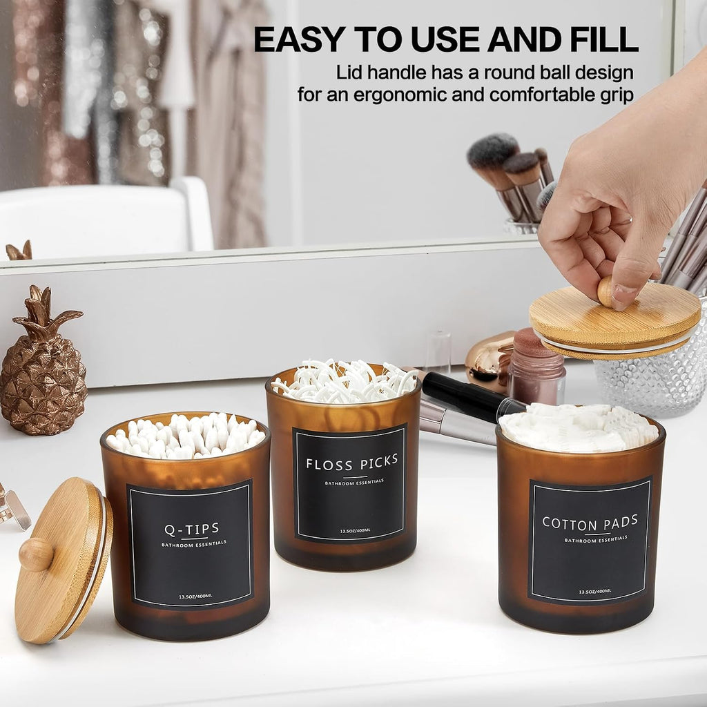 3 Pack Qtip Holder Bathroom Set with Tray,13.5oz Cotton Round Ball Pad Holder Cotton Swab Floss Pick Dispenser,Glass Apothecary Jars Canisters with Lids,Bathroom Organizers and Storage Container-Amber