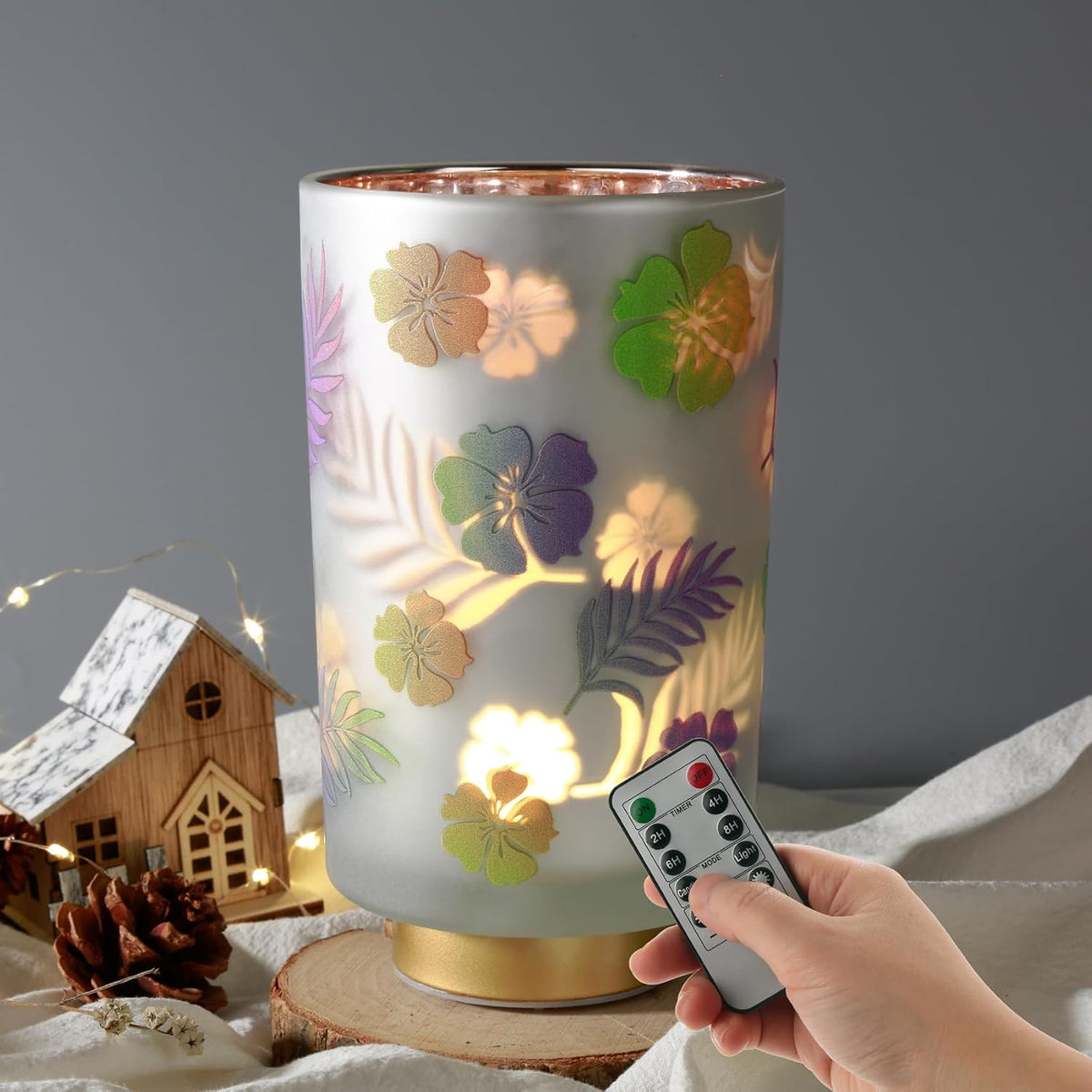 Eywamage 7" Tall Battery Operated Table Lamp, Floral Glass Lamp with Remote Timer, Cordless Accent Lamp Lights for Bedroom Living Room Kitchen