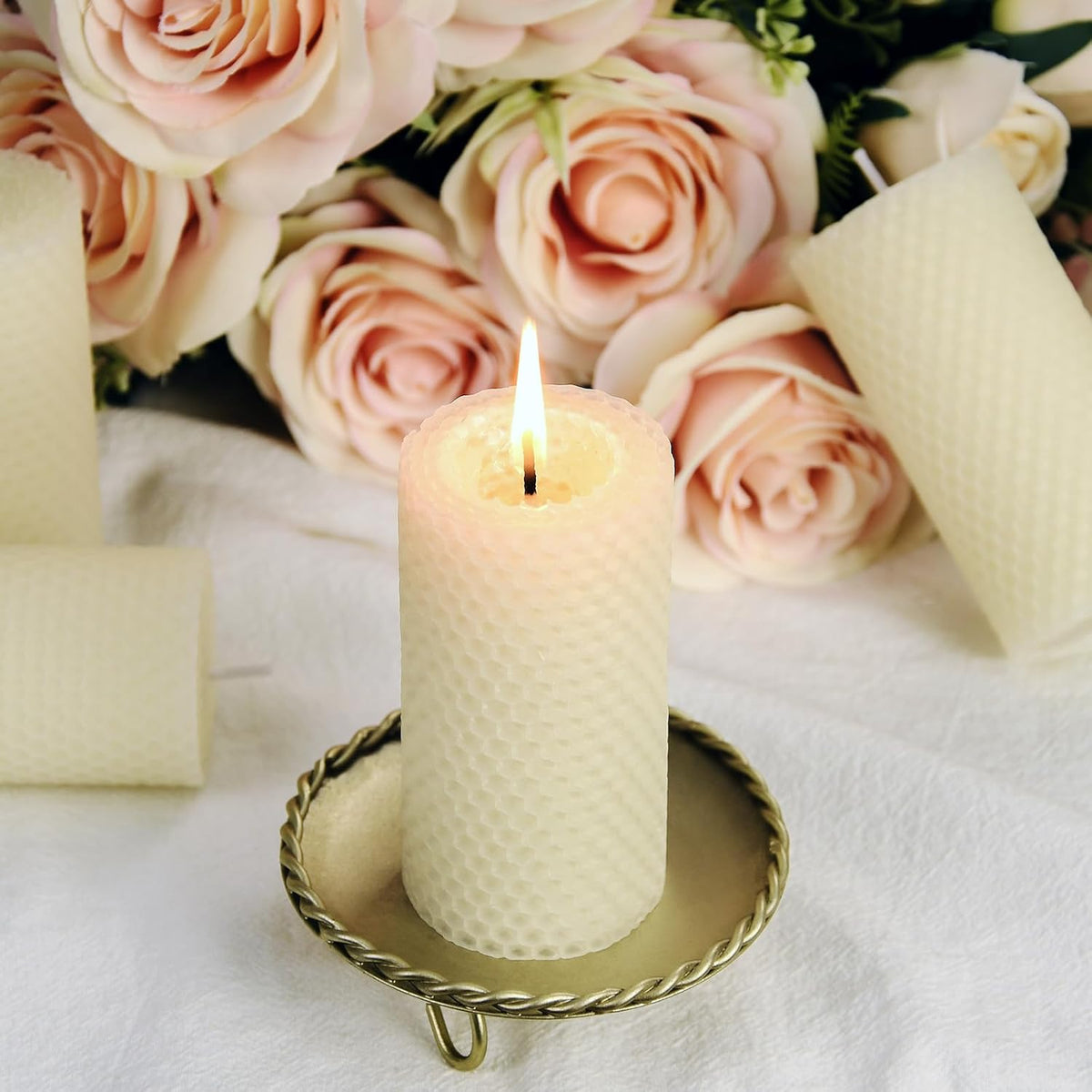 Hand Rolled Honeycomb Beeswax Pillar Candles, Ivory White, 2x4 Inch, 2 Pack