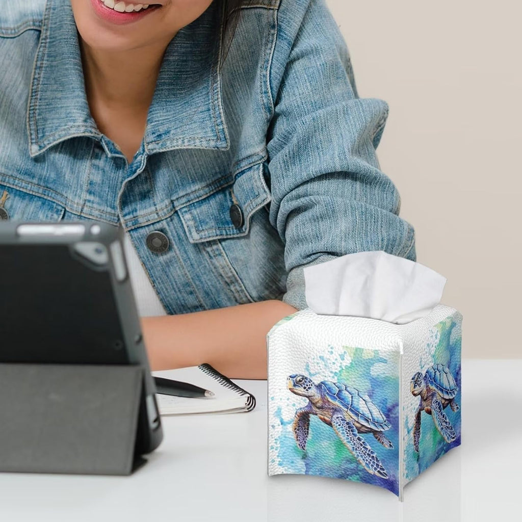 ZOUTAIRONG Retro Square Aqua Blue Leather Tissue Box Holder