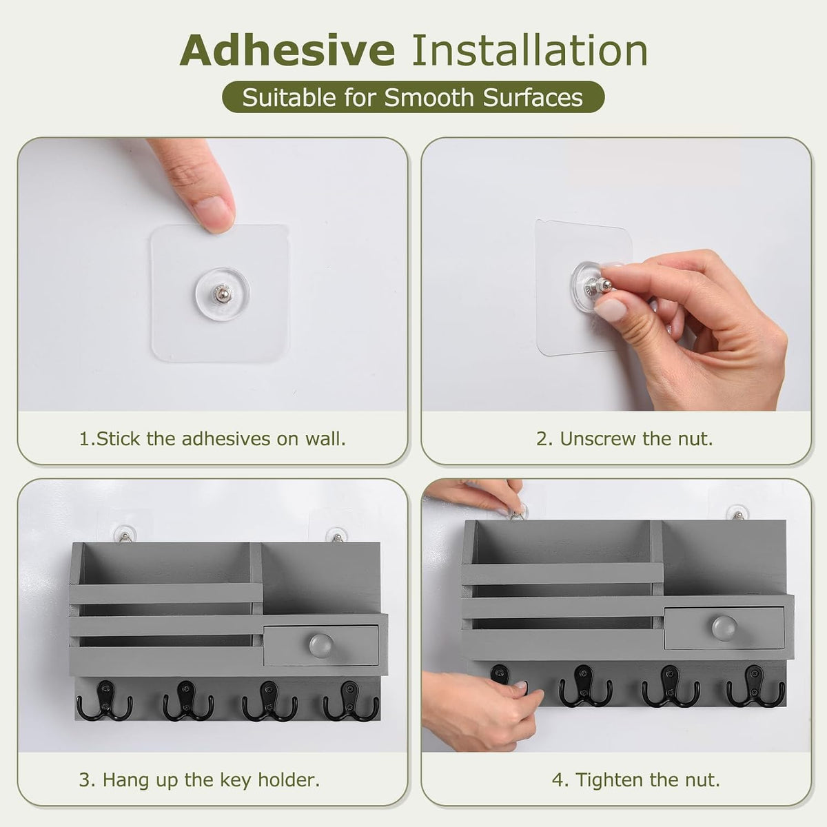 Key Holder Wall Mount, Wooden Key and Mail Organizer, Gray
