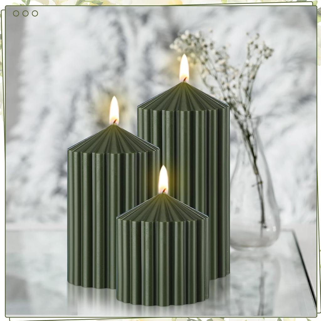 Conelist Set of 3 Moss Green Ribbed Pillar Candles Soy Wax Scented Candles