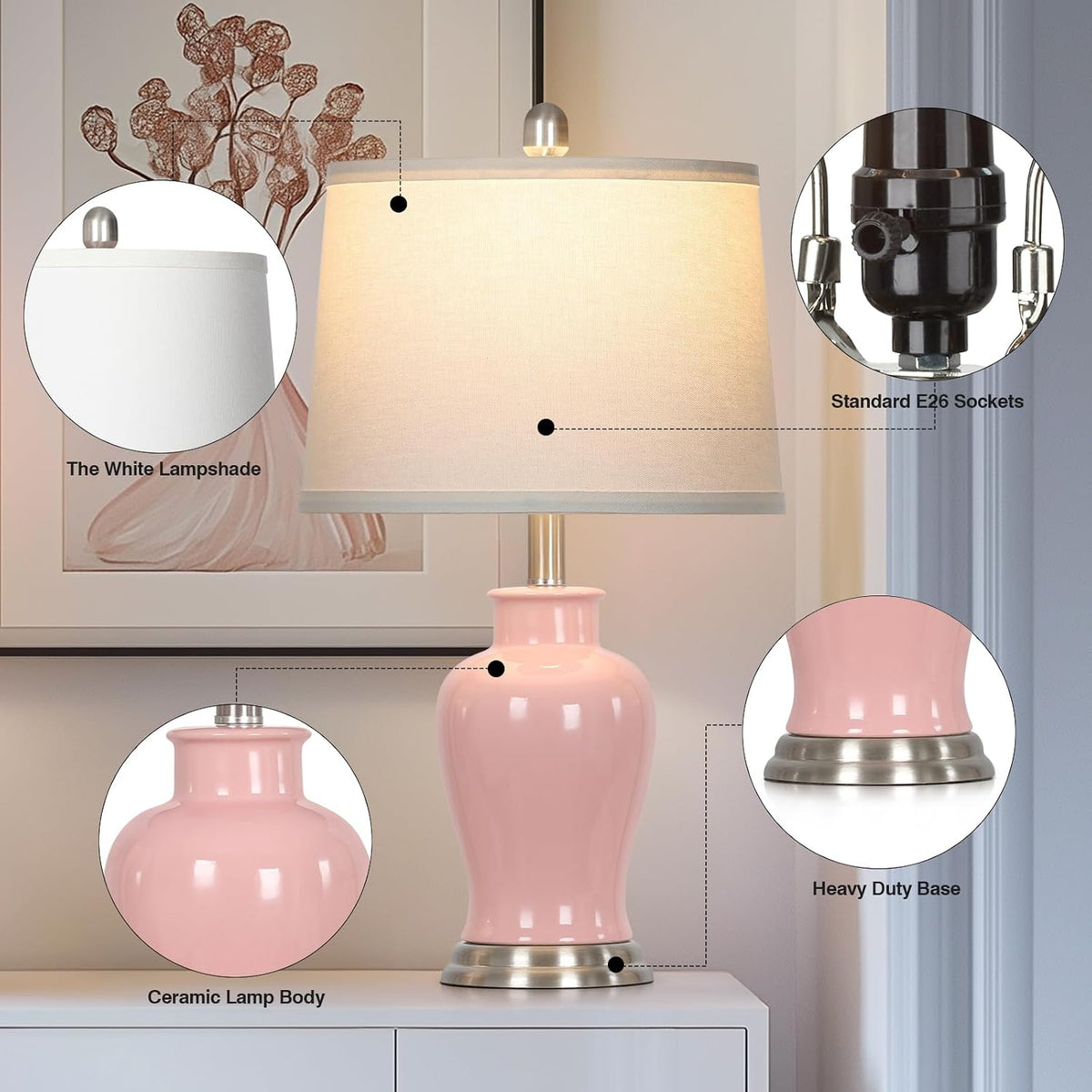 23" Ceramic Table Lamps Set of 2, Modern Ceramic Lamps for Living Room, Cute Bedside Lamps with Ginger Jar Design, Elegant Bedroom Lamps for Nightstand Dining Room Desk Side End Table Home Decor, Pink