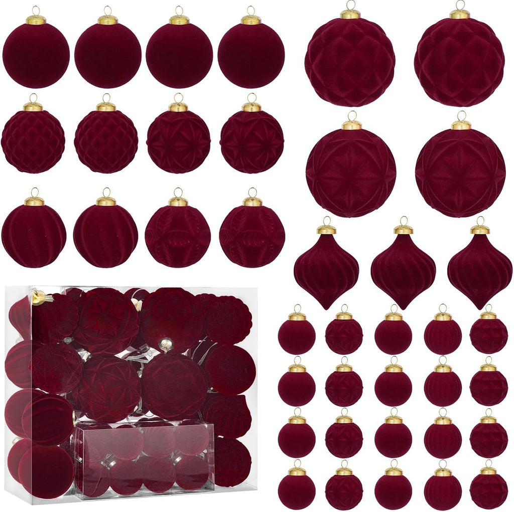 46PCS Velvet Christmas Ball Ornaments Set, Burgundy Flocked Shatterproof Xmas Tree Decor, Assorted Hanging Ornaments with Loop for Holiday Home Decor, Christmas Tree Decoration (Red)