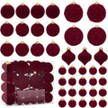 46PCS Velvet Christmas Ball Ornaments Set, Burgundy Flocked Shatterproof Xmas Tree Decor, Assorted Hanging Ornaments with Loop for Holiday Home Decor, Christmas Tree Decoration (Red)