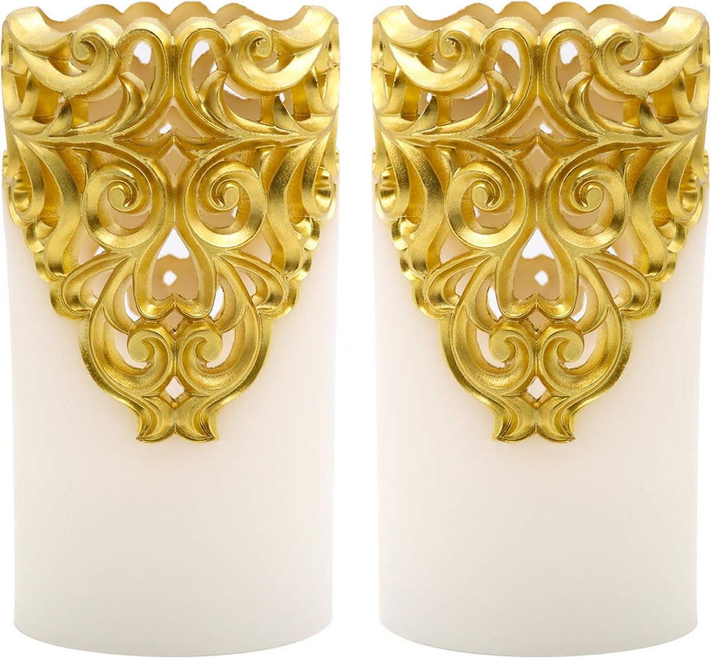 Eldnacele Gold Hollow Flameless Pillar Candles with 5H Timer