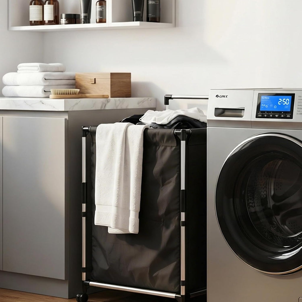Laundry Hamper 2 Section with Wheels - Rolling Laundry Basket,Black