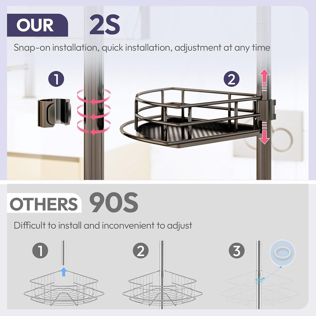 SWTYMIKI Shower Caddy Tension Pole - 4-Tier Corner Shower Organizer Tension Rod, Toothbrush Holder & 4 Hooks, Adjustable Stainless Steel Bathroom Organizer 27.6 to 108.3 inch, Black with Towel Bar