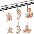 Seashell Shower Curtain Hooks, 12Pcs Decorative Anti-Rust Shower Hooks, Coastal Style Curtain Hooks for Bathroom Nursery Bedroom Living Room Decoration (Turtle Starfish Octopus)