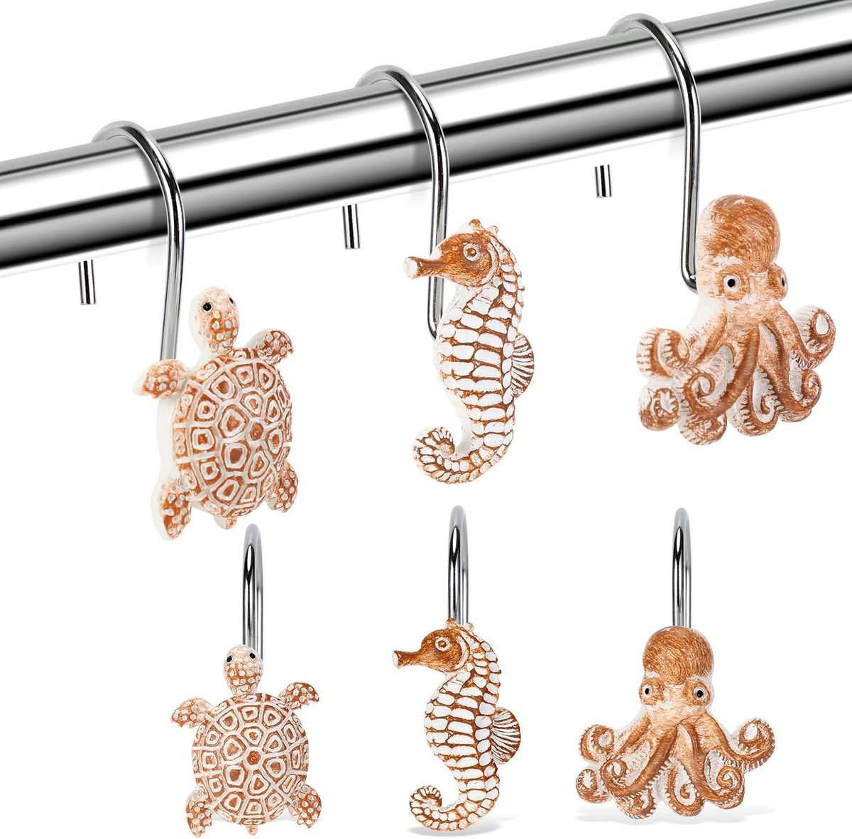 Seashell Shower Curtain Hooks, 12Pcs Decorative Anti-Rust Shower Hooks, Coastal Style Curtain Hooks for Bathroom Nursery Bedroom Living Room Decoration (Turtle Starfish Octopus)