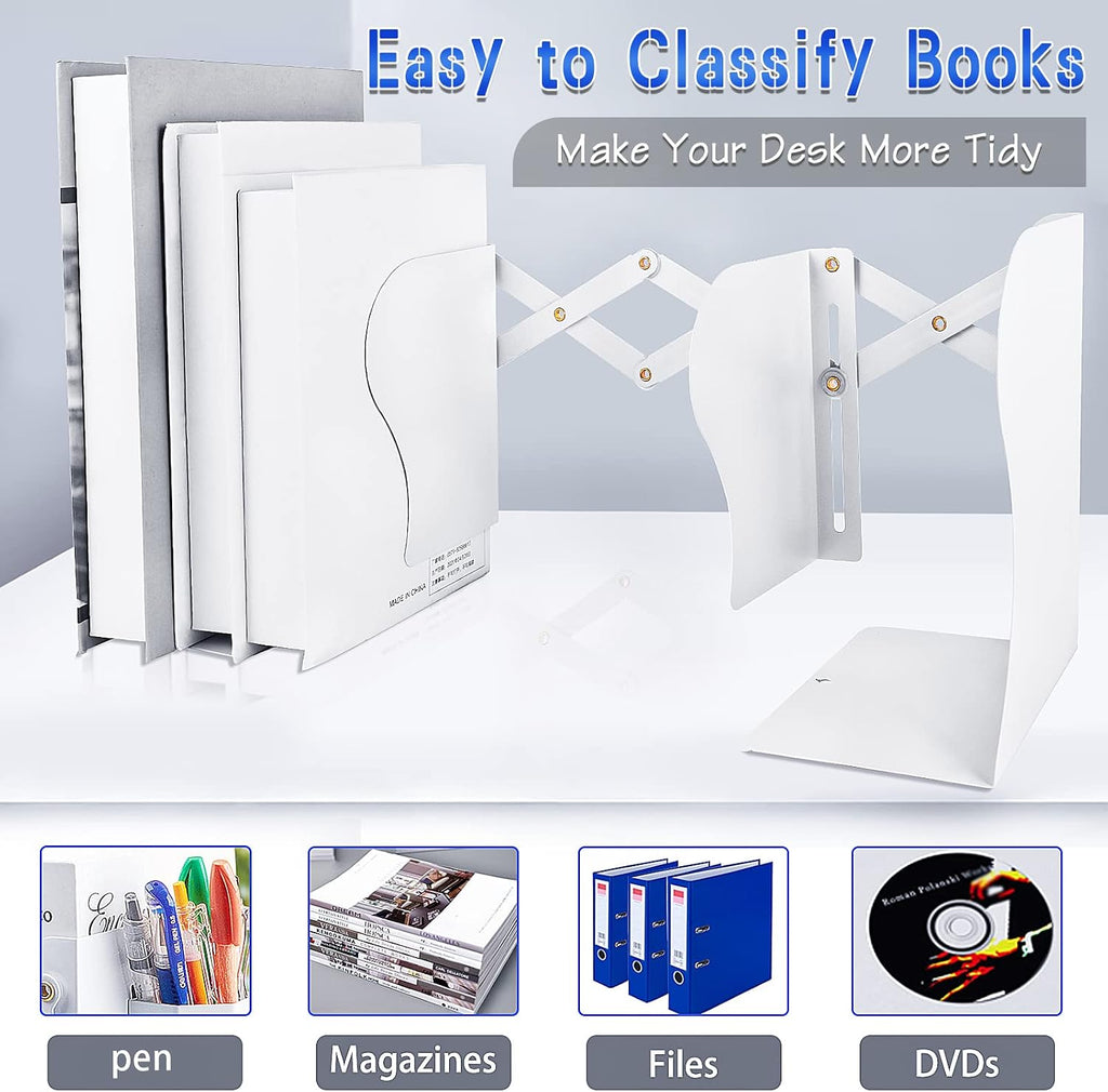 Heavy Duty Book Ends to Hold Books with Pen Holder, Adjustable Bookends, Metal Book Ends for Shelves, Black Book Holders Binder Organizer for Bookshelf Desk - White