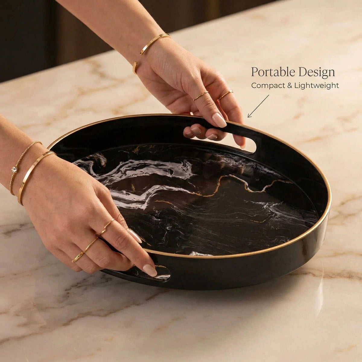 Round Decorative Tray, Marbling Plastic with Handles, Modern Vanity and Serving for Ottoman, Coffee Table, Kitchen and Bathroom, Size 13", Black