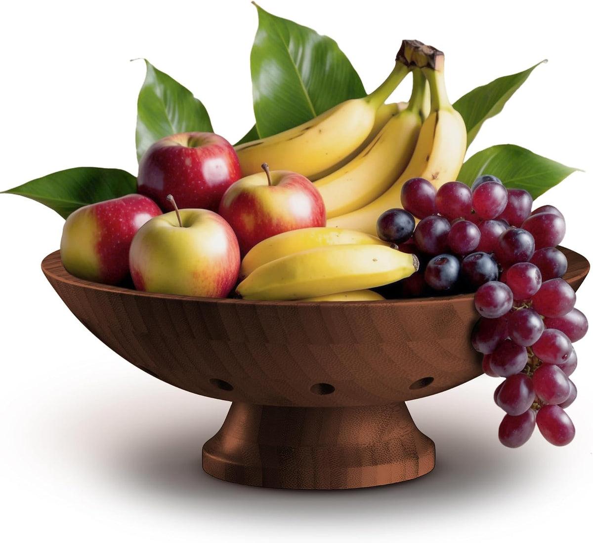 Fruit Bowl for Kitchen Counter - Brown Wooden Fruit Bowl, Latge Fruit Basket with Pedestal Base, Vented Bamboo Fruit Holder for Fruits, Vegetable Storage, Kitchen Countertop Organizer 11 x 4.5 Inches