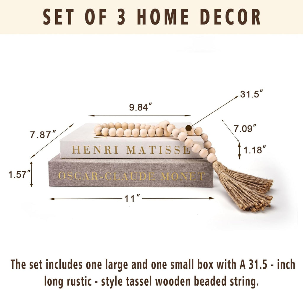 Decorative Books Set with Wood Bead Garland, Coffee Table Decor