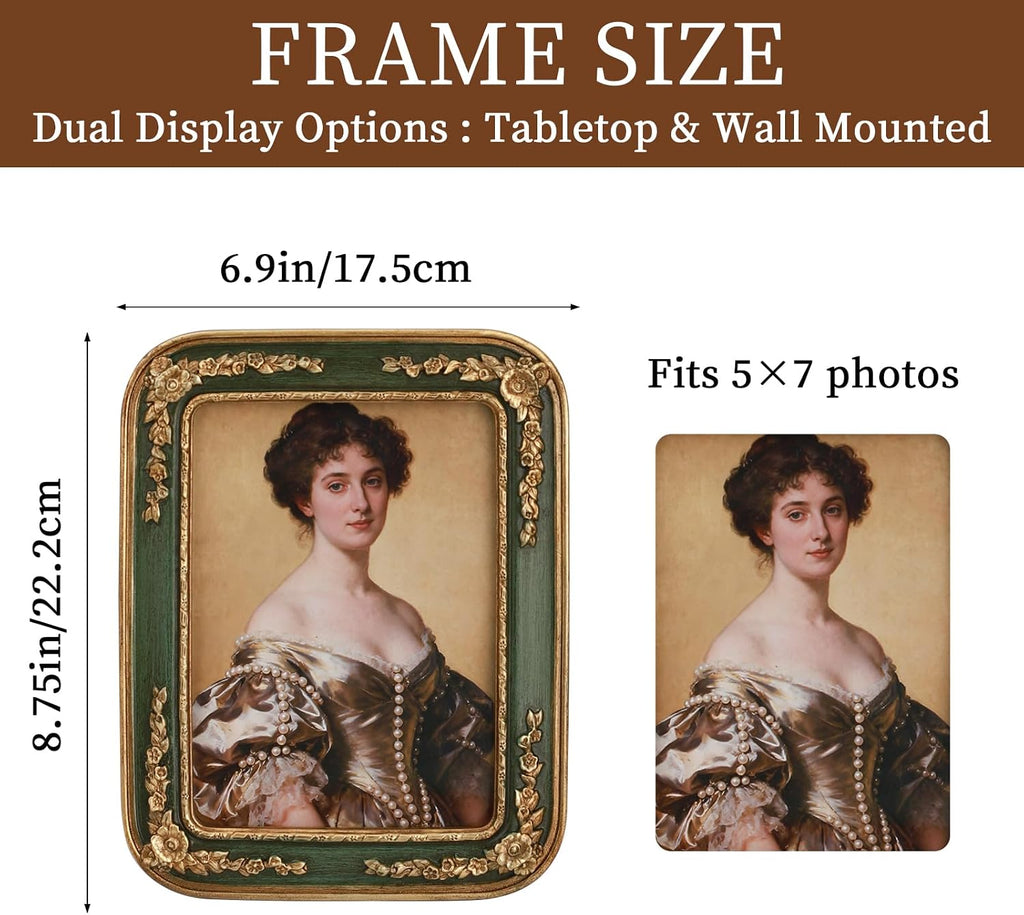 5 x 7 Picture Frame, Ornate Floral Embossed Victorian Style Decorative Photo Frame, Green Gold Vintage Picture Frames 5x7 with Glass Front for Tabletop, Shelf, Mantel or Wall Hanging, Traditional Vintage Home Décor (Green, 5X7)