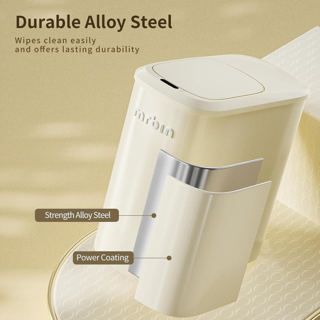 MRBIN Metal Motion Sensor Bathroom Trash Can with Lid and Wheels, 10L/2.6gal Automatic Removable Slim Electric Narrow Waste Basket for Near Desk Office, Bedroom, Kitchen, Rv, White