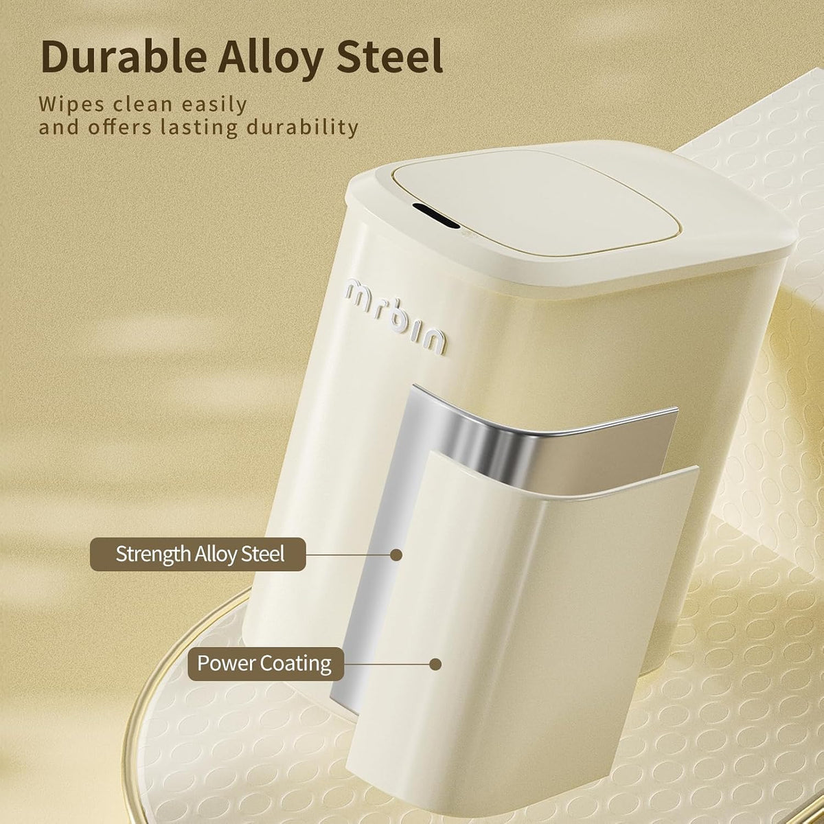 MRBIN Metal Motion Sensor Bathroom Trash Can with Lid and Wheels, 10L/2.6gal Automatic Removable Slim Electric Narrow Waste Basket for Near Desk Office, Bedroom, Kitchen, Rv, White