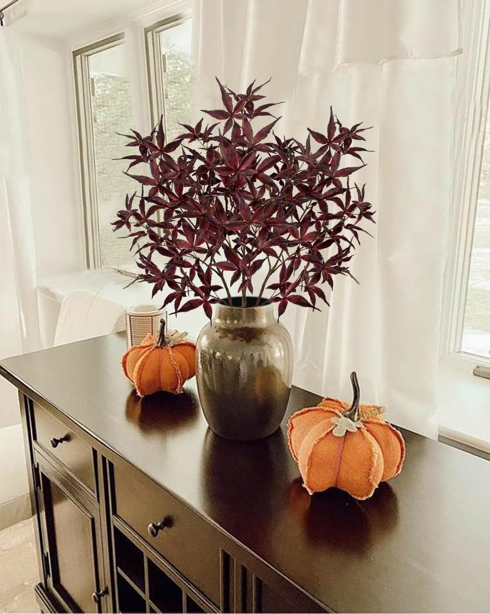 Hollyone 3Pcs Artificial Japanese Maple Leaves Branches 26'' Fake Fall Leaves Stems Plants Red Faux Maple Leaf Bushes Shrubs for Home Decor Thanksgiving Festival Party Autumn Decorations Burgundy