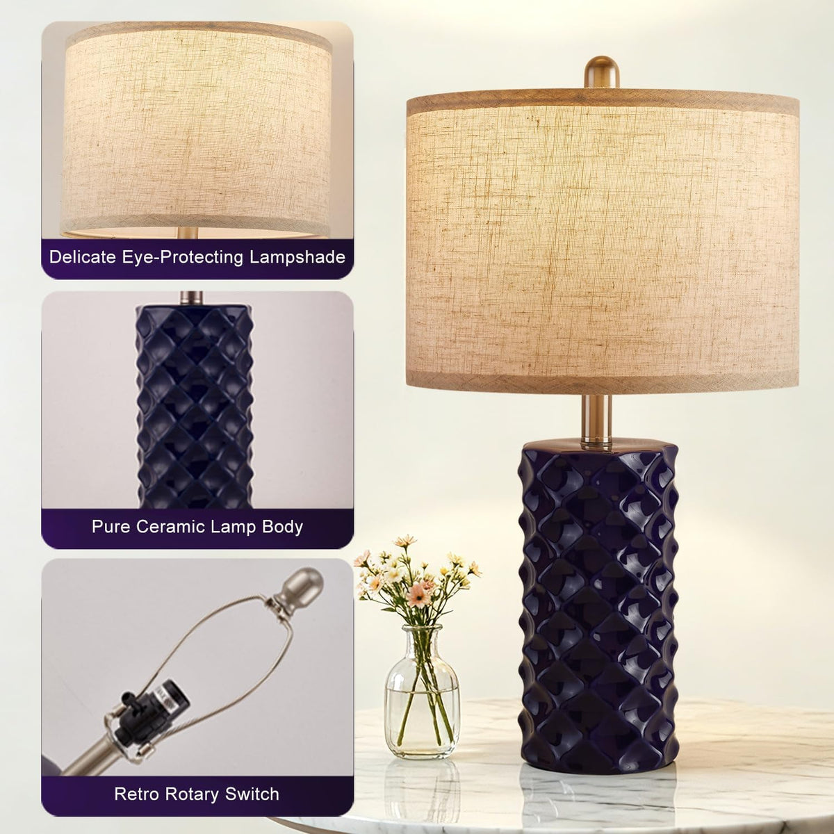 Star Diamond Ceramic Table Lamps Set of 2 - Dark Blue Nightstand Lamps 23"
