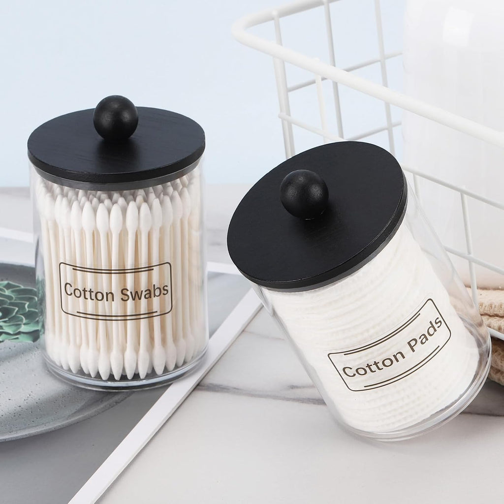 Tbestmax 10-Ounce Qtip Holder, Bathroom Organizer Accessories Storage Containers Clear Plastic Bathroom Jars with Wood Lids for Cotton Ball, Cotton Swab, Floss - Black, Pack of 2