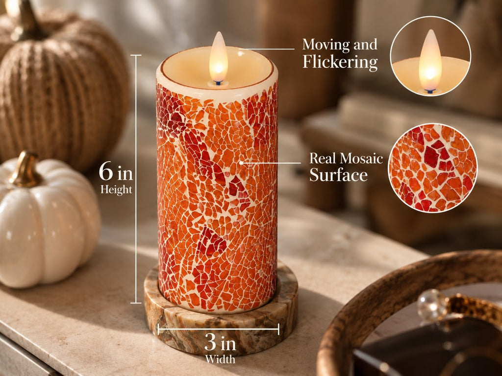 Glass Flameless Pillar Candles Flickering with Remote Timer, Battery Operated LED 3D Moving Flame Real Wax Candles,Remote Included (Crimson Orange Cracked Glass)