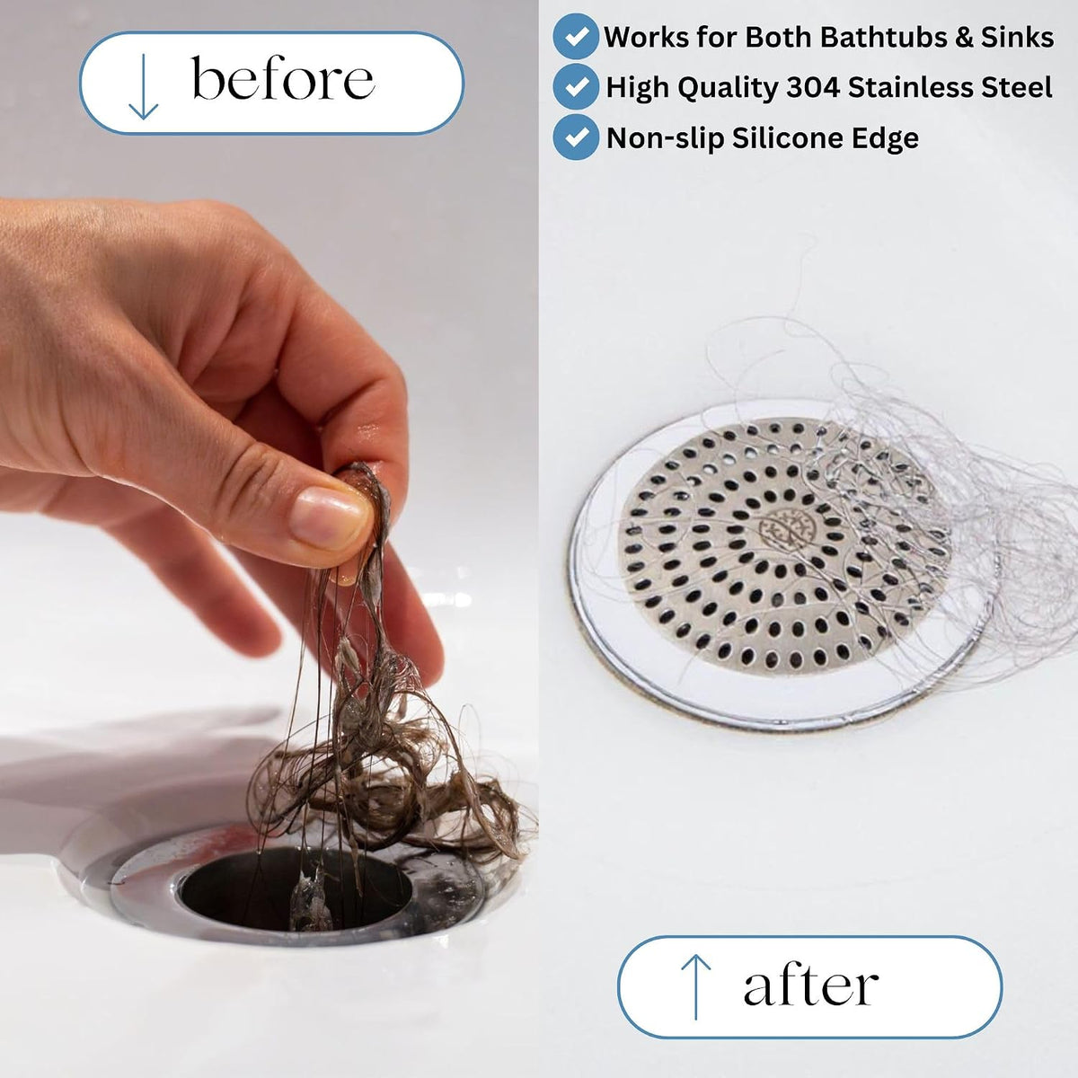 Drain Hair Catcher & Stopper Combo – Tub ShowerRing + StopRing Set for Bathtub & Sink | Stainless Steel Strainer + Silicone Drain Plug | Clog-Free, Universal Fit (White, 2 Pack)