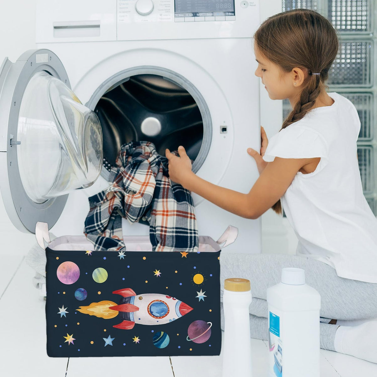 Rocket Storage Basket with Handles, Rockets Foldable Space Organizer, Waterproof Toy Box for Boys Girls, Multi Storage Container for Nursery Room, Rocket Storage for Clothes, Gifts and Home Decor