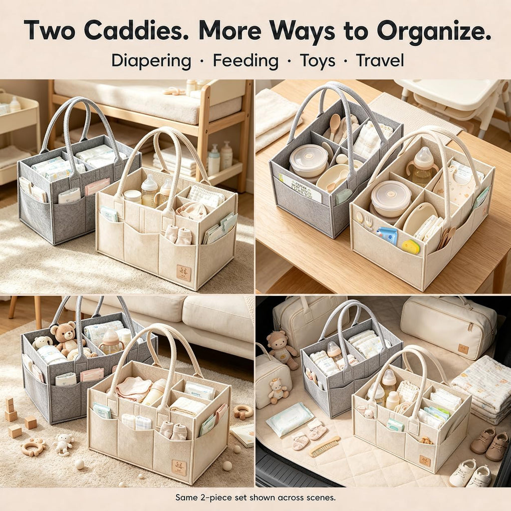 HIPHOP PANDA 2-Pack Diaper Caddy Organizer - Nursery Storage Bin & Car Organizer for Diapers, Wipes, and Baby Essentials - Dual-Color Solid Set (Grey/Oatmeal), Large Size