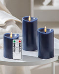 Navy Blue Real Wax Flameless Pillar Candles with Remote and Timer, Set of 3