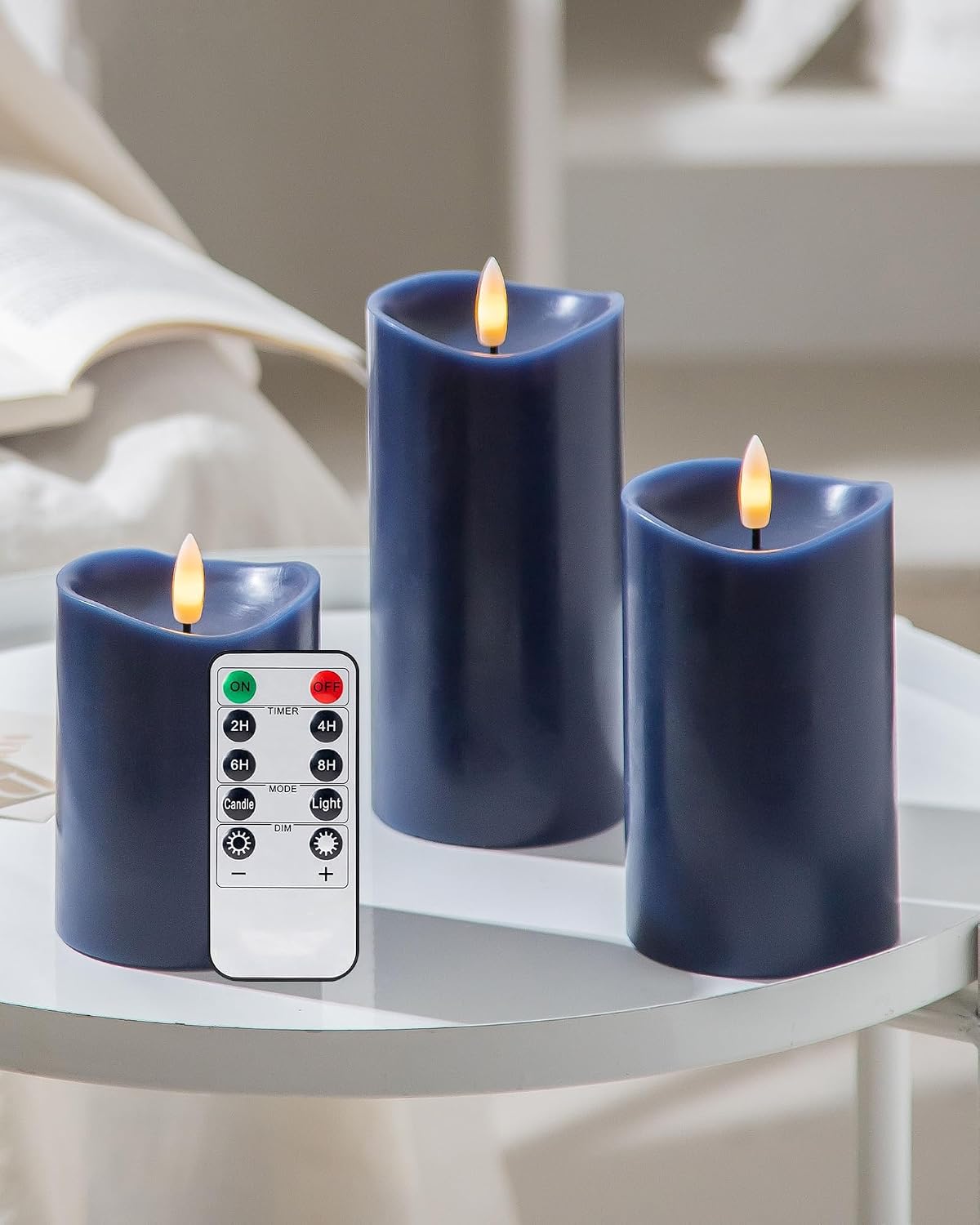 Navy Blue Real Wax Flameless Pillar Candles with Remote and Timer, Set of 3
