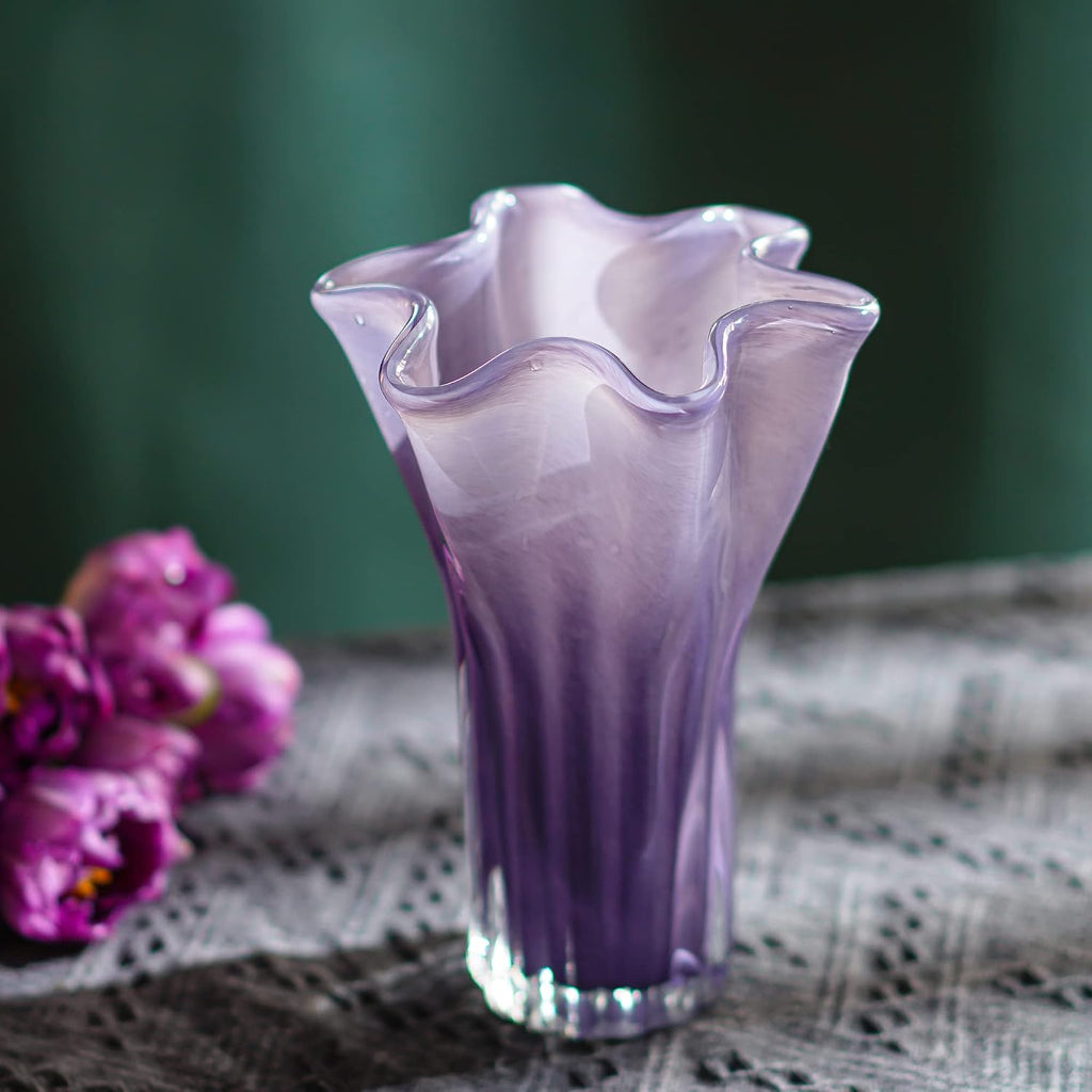 8'' Blown Glass Flower Vase, Decorative Modern Vase Centerpieces (Purple)