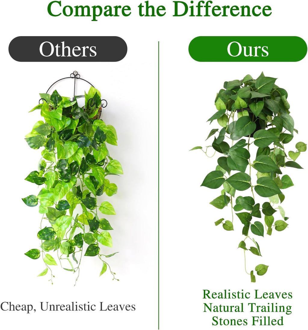 CEWOR Fake Plants Indoor 2 Packs 33" Fake Pothos Hanging Plants with Plastic Pot for Home Office Indoor Decor (Green)