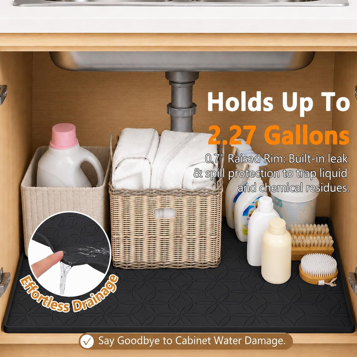 34"x22" Waterproof Cabinet Protector Silicone Under Sink Tray(Black)
