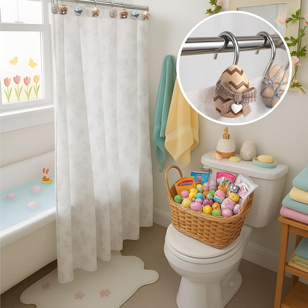 Colingmill 12 Pcs Easter Shower Curtain Hooks Easter Egg Shower Curtain Hooks Vintage Egg Bathroom Rust Resistant Decor Rings for Holiday Bathroom Bedroom Farmhouse Decorations