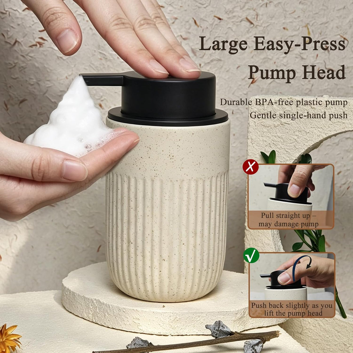 Beige Ceramic Foaming Soap Dispenser for Bathroom Countertop 13oz