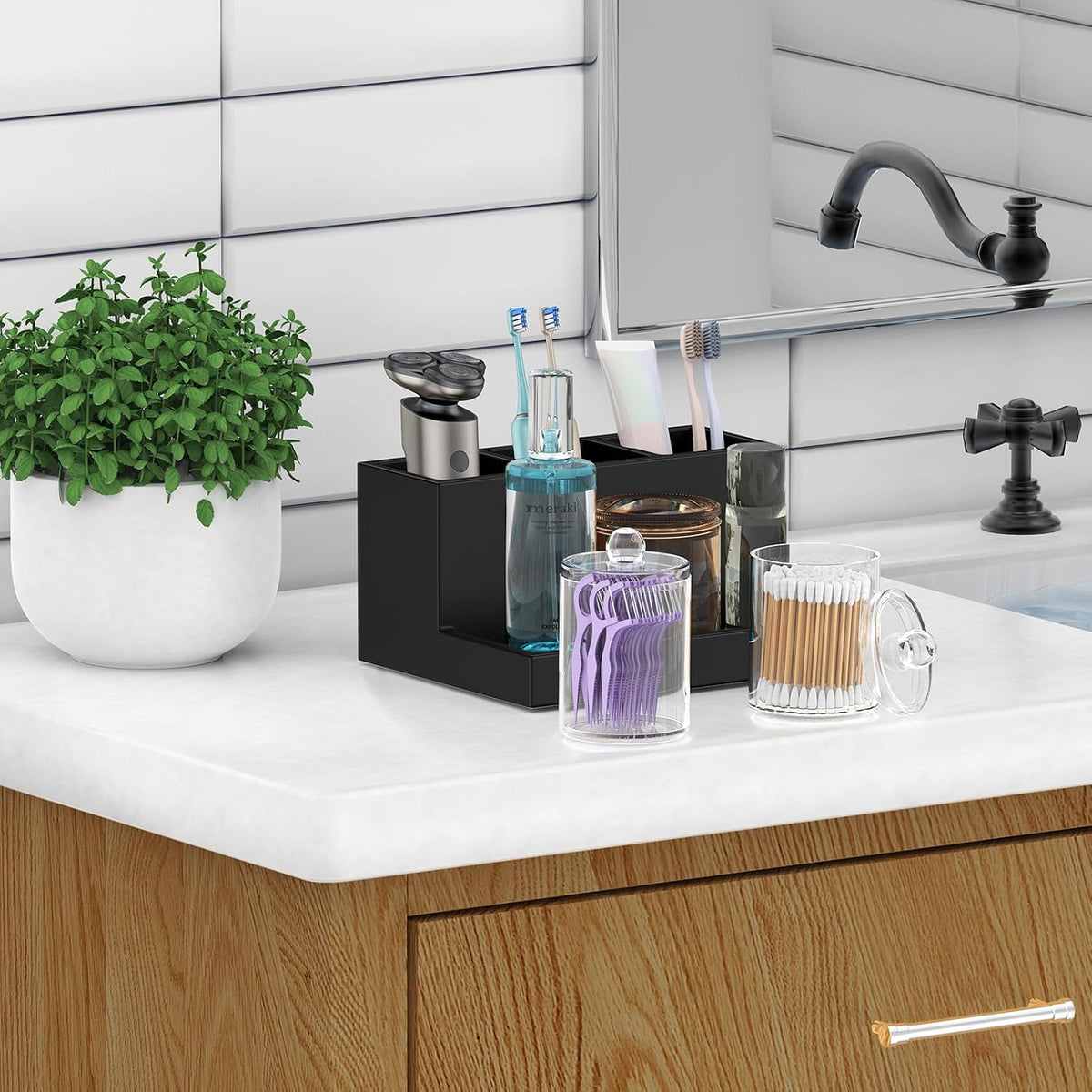 Toothbrush Holder for Bathroom with 2PCS Qtip Holder Dispenser, 3 Slot Bathroom Accessories Holder Floss Cotton Swab Holder Bathroom Vanity Tray for Oral Care Comestic Organizer Counter Storage, Black