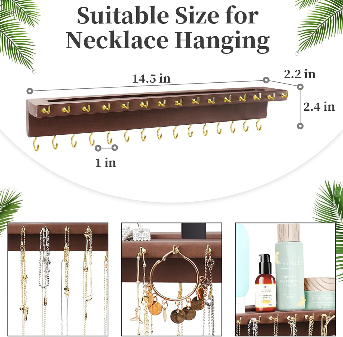 YYILIS Necklace Holder, Upgraded Extra Large Wall Necklace Organizer with 30 Hooks Wall Mounted Necklace Hanger with Jewelry Tray/Cosmetics Shelf Rustic Pine Wood Holder (Walnut)