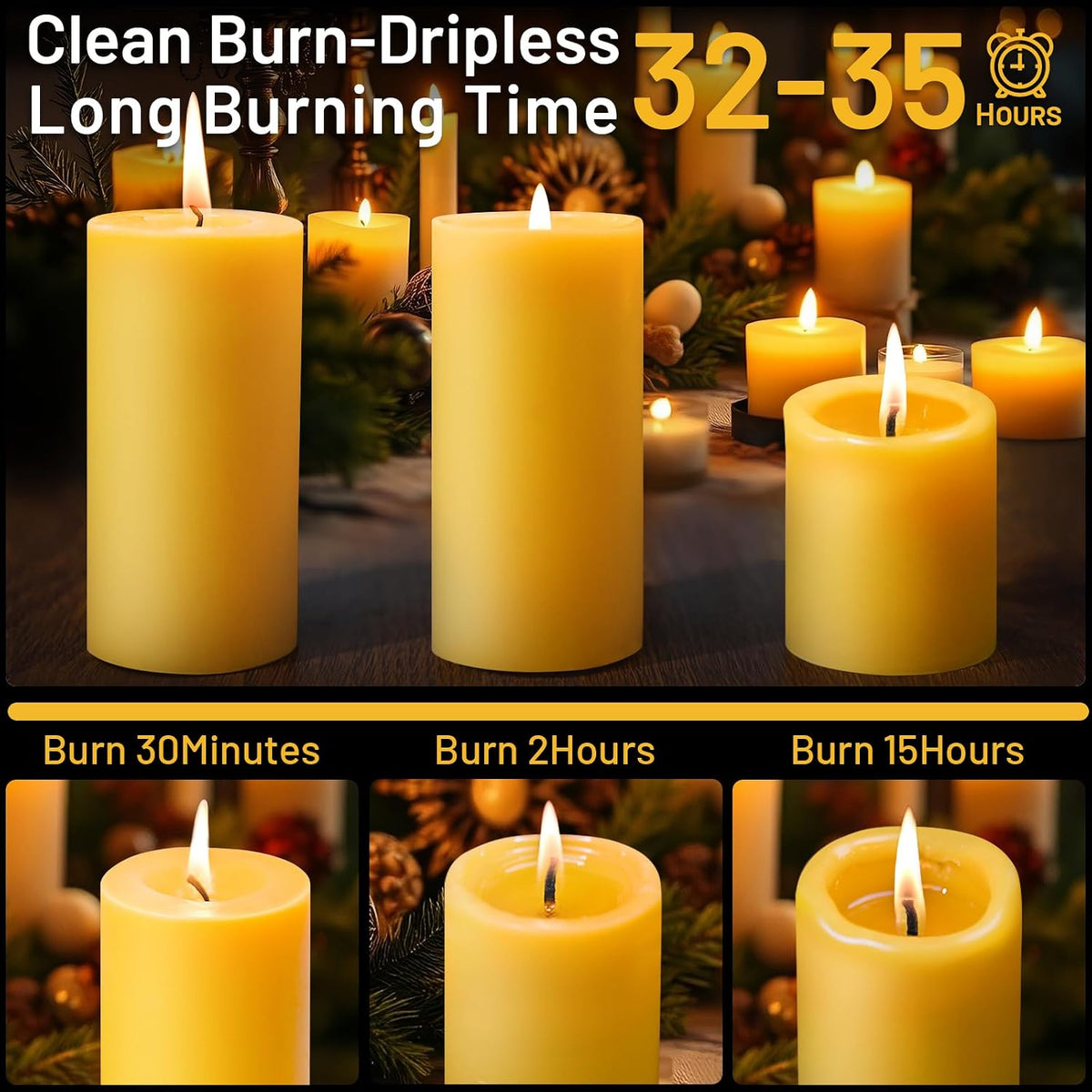 4 Pack Natural Beeswax Pillar Candles, Organic Unscented Candles
