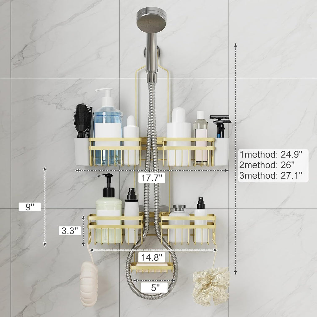 Shower Caddy Hanging for Bathroom Organizers and Storage - 3-Tier Adjustable Anti-Swing Shower Organizer Hanging with Heavy-Duty Suction Cups, Damage-Free Rustproof (Gold)