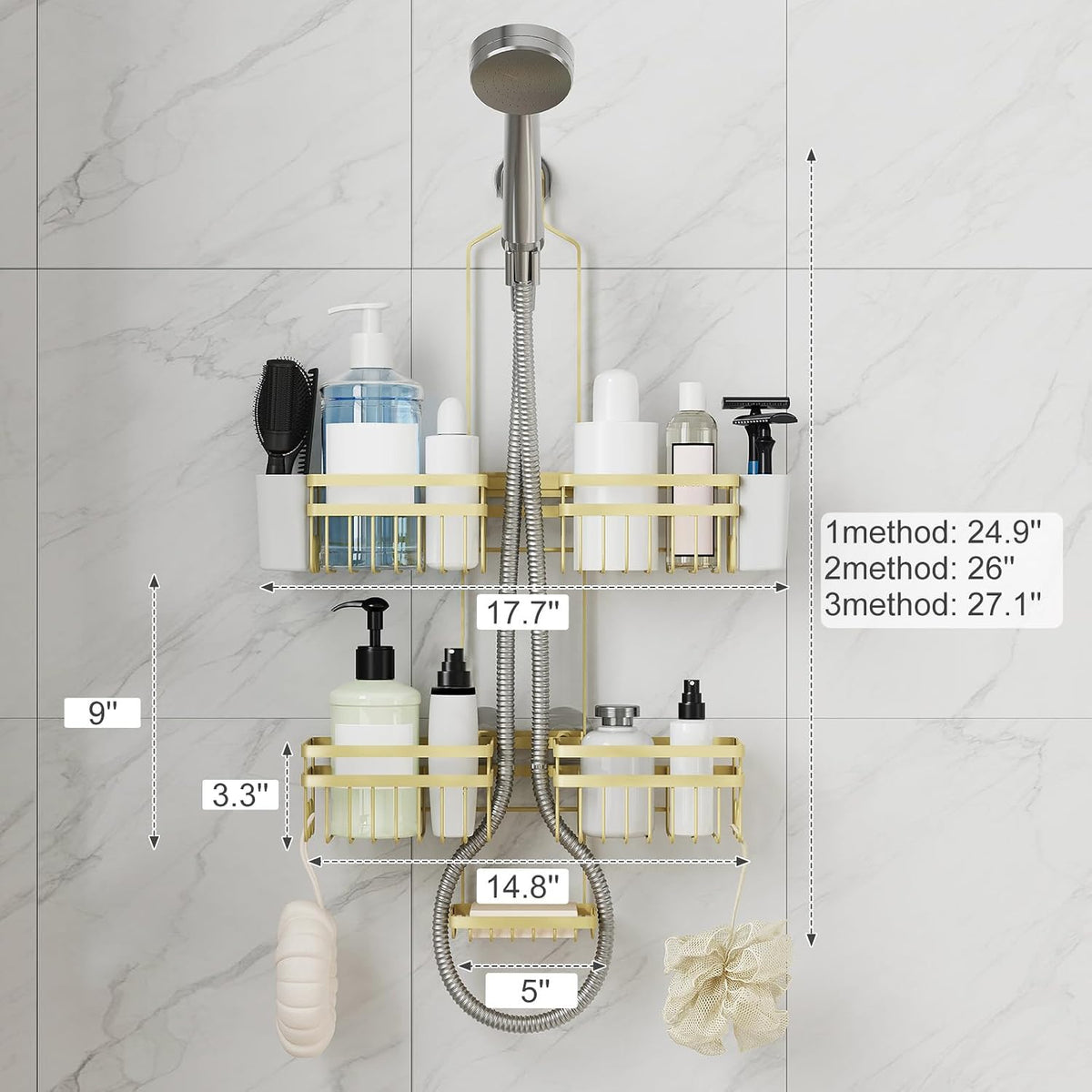 Shower Caddy Hanging for Bathroom Organizers and Storage - 3-Tier Adjustable Anti-Swing Shower Organizer Hanging with Heavy-Duty Suction Cups, Damage-Free Rustproof (Gold)