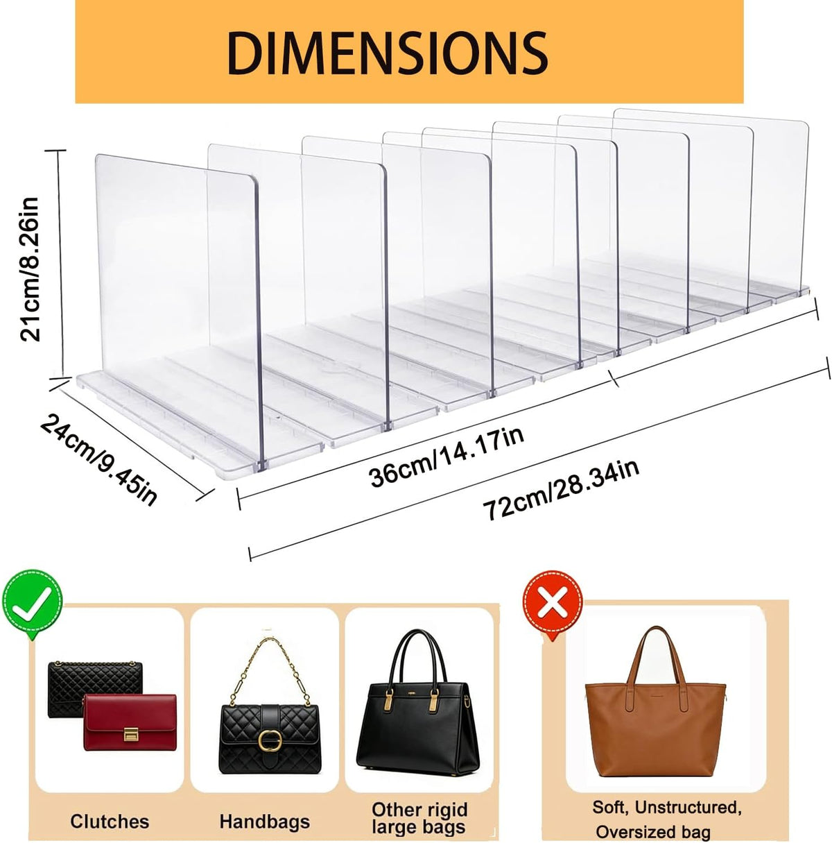 Adjustable Shelf Divider for Closet, Clear Purse Organizers for Closet Acrylic Handbag Separators Storage Shopping Gift Bag Organizer Bookshelf Separator Dividers in Bedroom, Office