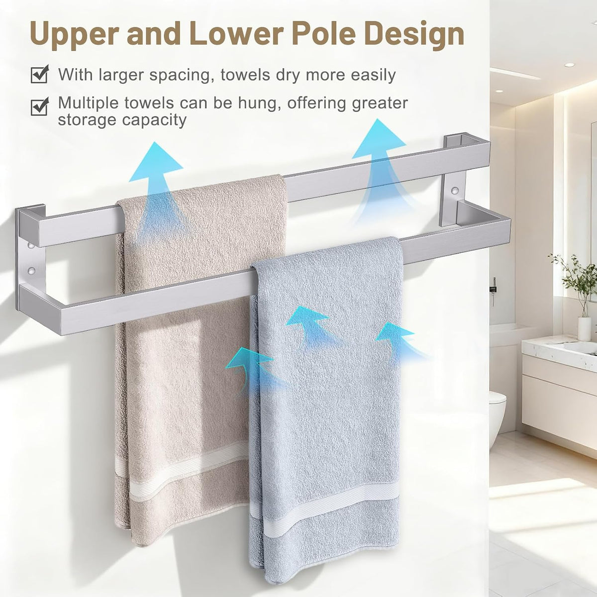 Double Towel Bar,Towel Rack for Bathroom Stainless Steel Wall-Mounted Bathroom Hardware Accessories Brushed Nickel 24 Inch