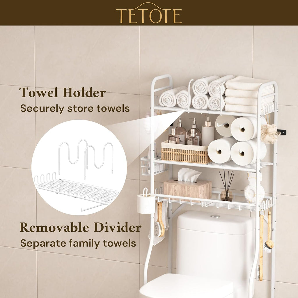 TETOTE Over the Toilet Storage Cabinet, 3-Tier White Bathroom Shelves Over Toilet with Toilet Paper Roll Holder, Freestanding Metal Rack