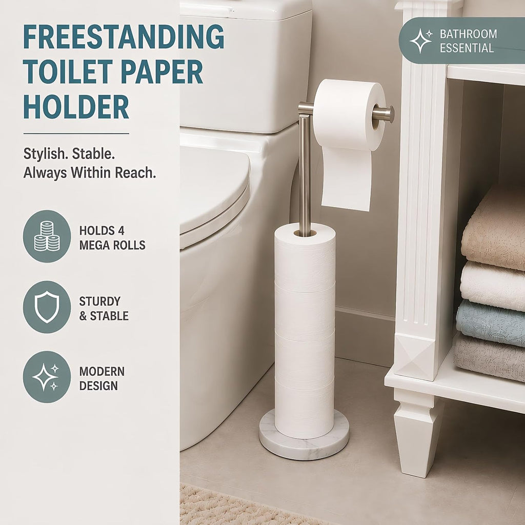 Songtec Toilet Paper Holder Stand, Free Standing Tissue Roll Holder, Heavy Natural Marble Base, Sturdy for 5 Toilet Paper Rolls (Marble Base, Brushed Nickel)